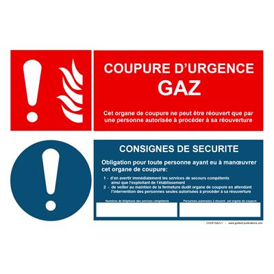 Panneau COUPURE D'URGENCE GAZ avec consignes de sécurité COUPGAZ+