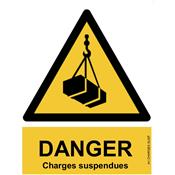 Panneau Attention Danger Charges suspendues - Dos Autocollant - Norme ISO NF 7010