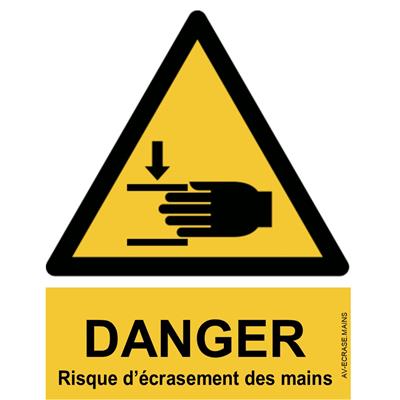 Panneau Attention Danger Risque d'écrasement des Mains - Dos Autocollant - Norme ISO NF 7010