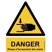 Panneau Attention Danger Risque d'écrasement des Mains - Dos Autocollant - Norme ISO NF 7010