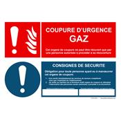 Panneau COUPURE D'URGENCE GAZ avec consignes de sécurité COUPGAZ+