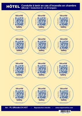 HÔTEL Planche 12 vignettes QRcode / Conduite à tenir en cas d'incendie en chambre - traduit en 35 langues