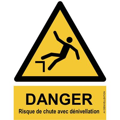 Panneau Attention Danger Risque de Chute avec Dénivellation - Dos Autocollant - Norme ISO NF 7010