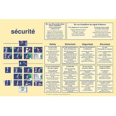 Panneau de consignes sécurité chambre d'hôtel en 5 langues + bandes déssinées